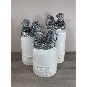 Arthur Court White Canisters with Design and Aluminum Roosters 2004 Set of 3